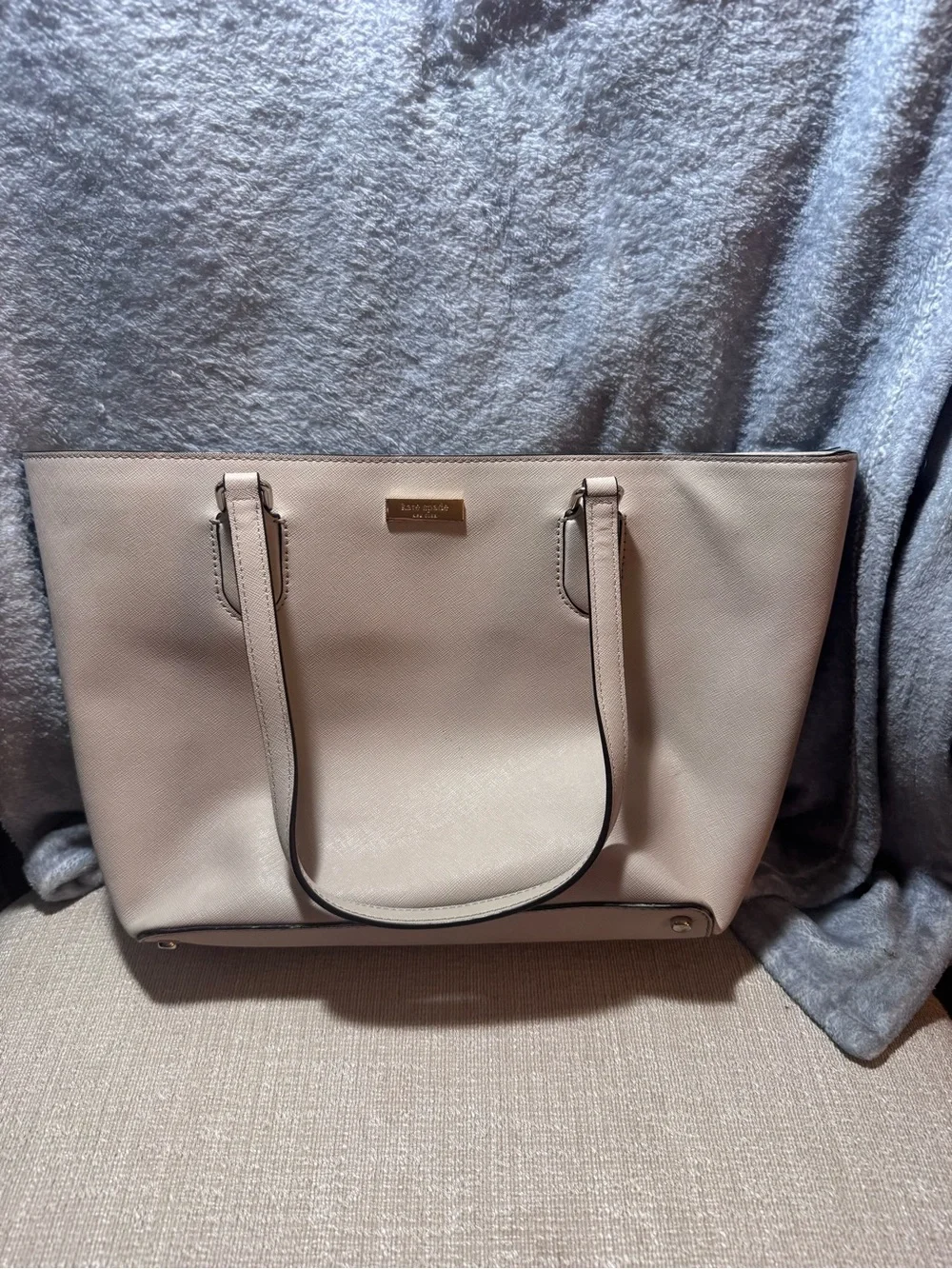 kate spade Cream Saffiano Leather Tote with Gold Plaque